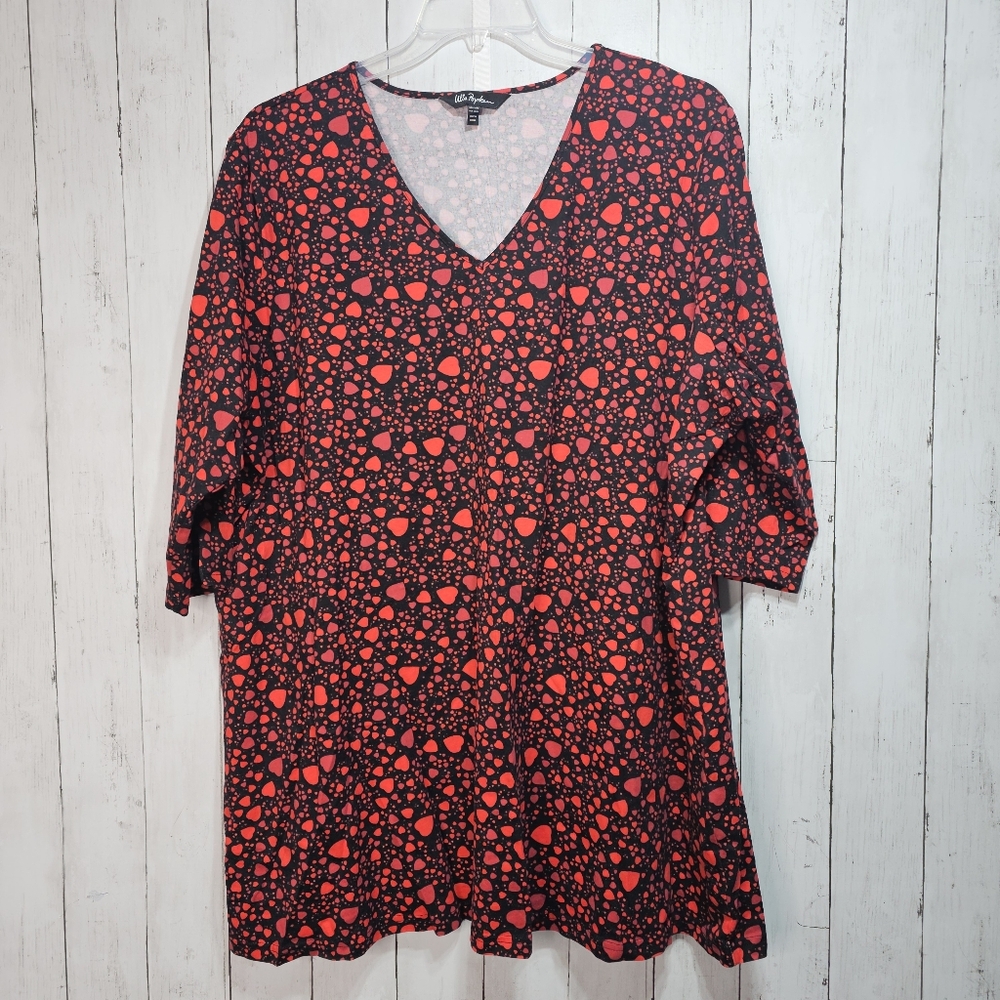 Ulla Popken Womens Black Red Heart Print Cotton V-Neck ¾ Sleeve Shirt Size 28/30
